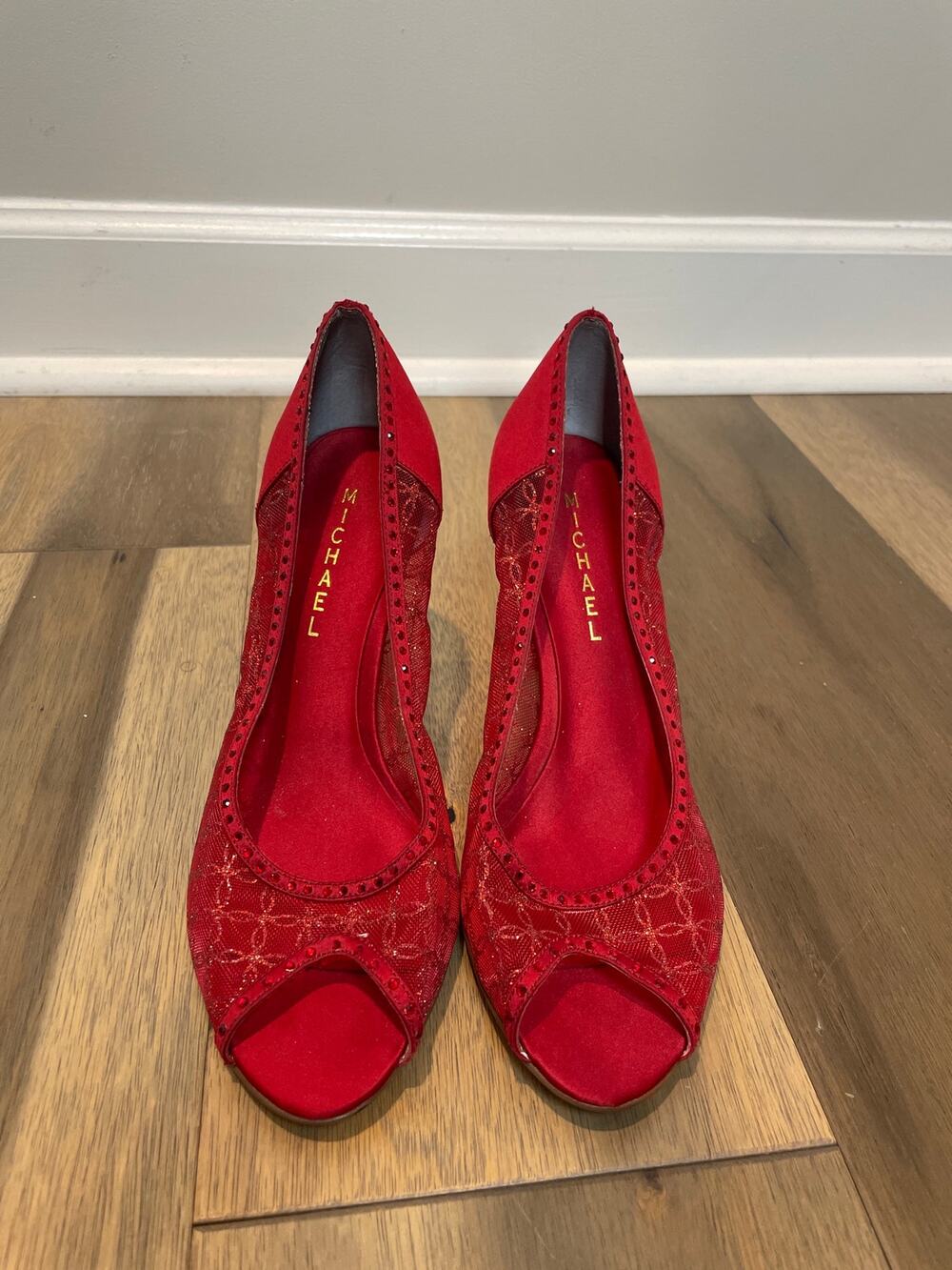 Michael Peep Toe Heels Red Mesh & Sequin Detail Size 8 Leather Sole 3 Inch Heel